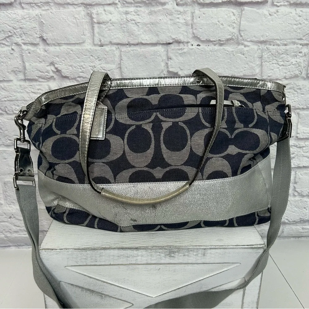 Coach Denim Signature Stripe Tote Weekender Diaper Bag F17443 Large Shoulder Bag